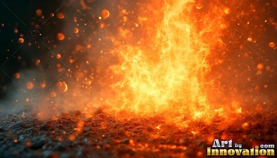 Viewed close from the ground, fiery orange fire bursts across dark gravel