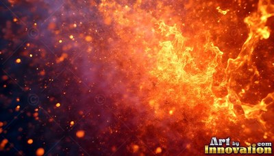 Bright orange fire and hot sparks burst across a dark purple background