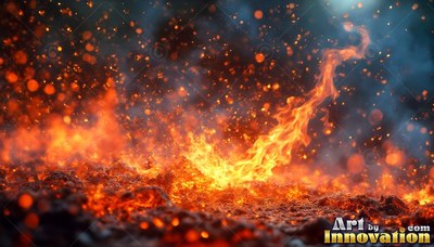 On dark rough ground, brilliant orange fire rises into a cloud of sparks