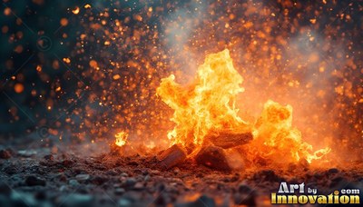 Burning on rough ground, a bright yellow campfire throws sparks into the dark air