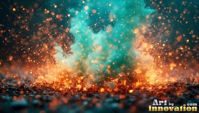Teal smoke rising from a burst of orange sparks on dark gravel