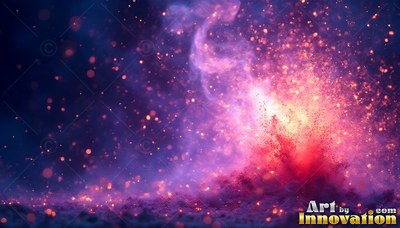 Bright powder explodes into purple smoke with yellow sparks scattered across the dark space