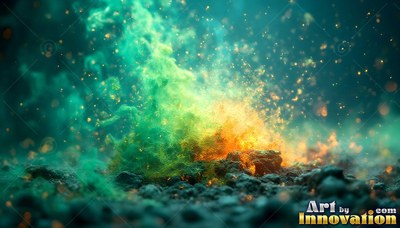 Rising straight up from dark rocky ground, green and orange smoke bursts into sparks