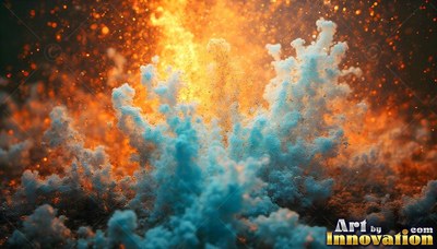 Frosty blue powder bursts upward against vivid orange flames and sparks