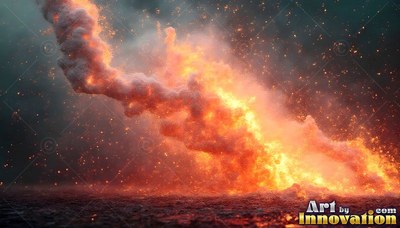On a dark ground, a blast of fiery orange fire and smoke rises with sparks