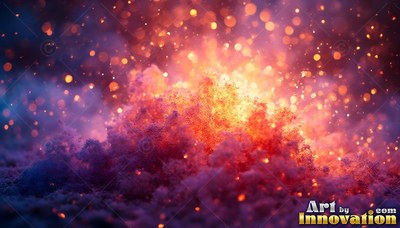 Bursting with sparks, purple and red powder explodes into warm yellow light