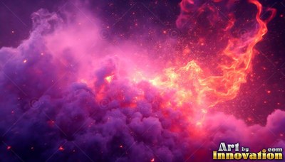 Flames and sparks rising out of purple smoke clouds