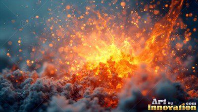 Bright orange fire bursts up with sparks over rough gray ground into blue air