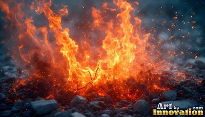 Flames burst upward from dark stones with bright orange light against blue smoke
