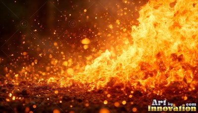 Rising from the right side, bold orange fire spreads across dark ground