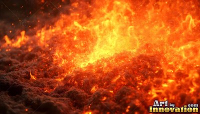 Bright yellow fire burns over piles of hot red ash with sparks flying