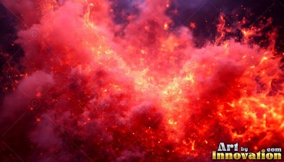 In dark space, a cloud of bright red smoke rises with sparks of fire