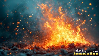 Blazing over dark ground, a bright orange fire throws sparks into smoky air