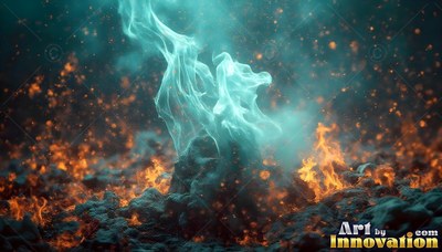 Blue smoke rises above dark ash and orange flames
