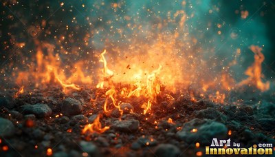 Yellow flames licking up from dark rocky ground under flying sparks and teal smoke
