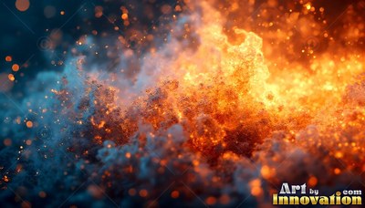 Bright fire rises through dense smoke, lighting the sparks in warm orange