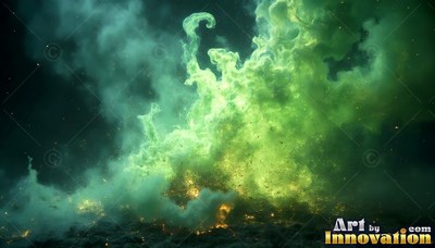 Rising upward in the dark, bright green smoke billows from yellow sparks
