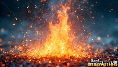 Brilliant orange fire bursts up from dark ground with sparks in the dark air