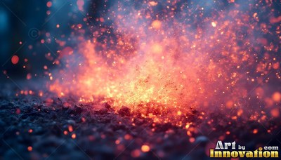 On dark gravel, a bright burst of orange fire sparks and scat ters tiny lights
