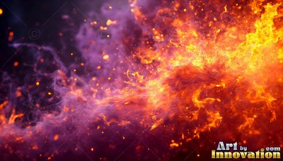 Swirling through dark space, bright fire bursts into clouds of purple smoke
