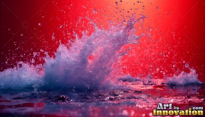 Water splashes up against a bright red backdrop