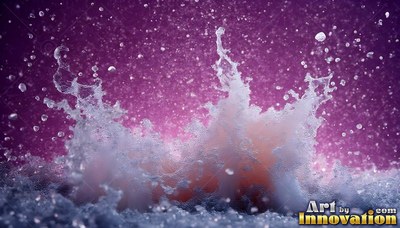 Foamy white crests rise as clear water splashes up against a purple backdrop
