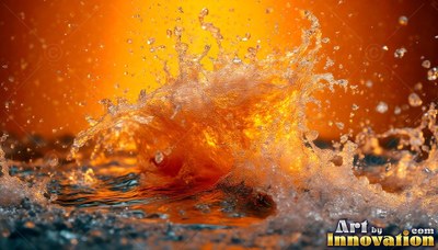Rising upward in an orange studio, a splash of water bursts into droplets