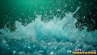 Foamy blue water splashes upward into flying drops over dark green