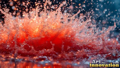 In deep water, an eruption of bright red droplets bursts upward into spray