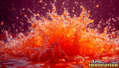 Splashing upward into droplets, vivid orange liquid bursts from a pool