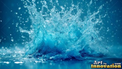 Blue water splashing upward into bright drops
