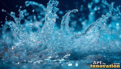 Curving splashes of blue water rise from a surface under bright spots of light