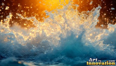 Blue water splashes upward into a spray of droplets against warm golden light
