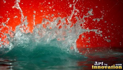 Rising straight up against a red background, a splash of clear water