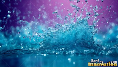 Clear blue water splashes up against a soft purple background