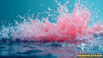 In blue water, a bright pink liquid splash bursts into droplets