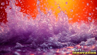 Splashing upward, purple water foams against a warm orange background