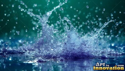 Water splashing upward into droplets over a deep blue surface