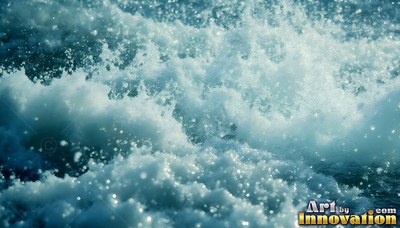 Frothy white foam rises into choppy blue waves churned by rough ocean water