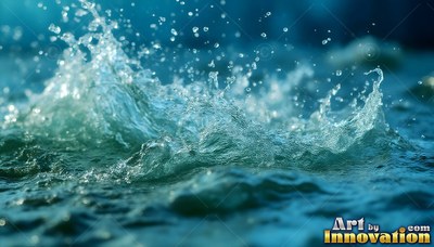 Viewed from water level, blue water splashes up in bright droplets