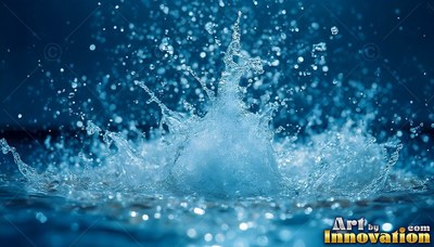 A big splash of clear water shoots up into drops against shadowy blue