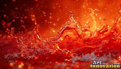 In warm light, red water splashes upward into flying drops