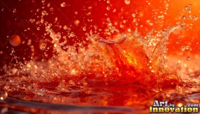 Splashing upward, red liquid bursts into flying droplets over bright light