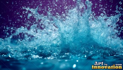 Blue water splashing up against a dark purple background