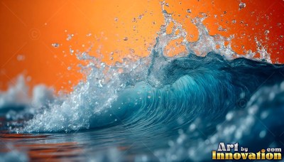 An ocean wave crashes into fine spray against a fiery orange background