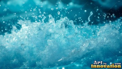 Bright blue water churns into white foam with droplets flying in the air