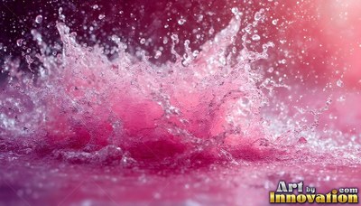 In bright pink light, a splash of water crowns over a pool of pink liquid