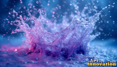 Splashing upward, pink and blue water bursts into a crown shape with tiny droplets