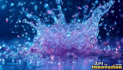 Water splash with droplets in blue and purple light