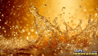 Curving crests of a golden liquid splash upward under warm light with floating drops
